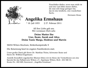 Traueranzeige von Angelika Ermshaus von Tageszeitung