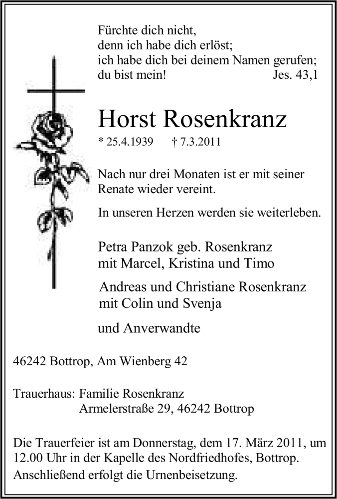  Traueranzeige für Horst Rosenkranz vom 12.03.2011 aus Tageszeitung