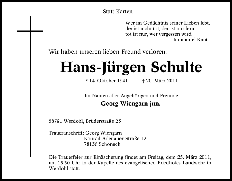  Traueranzeige für Hans-Jürgen Schulte vom 23.03.2011 aus Tageszeitung