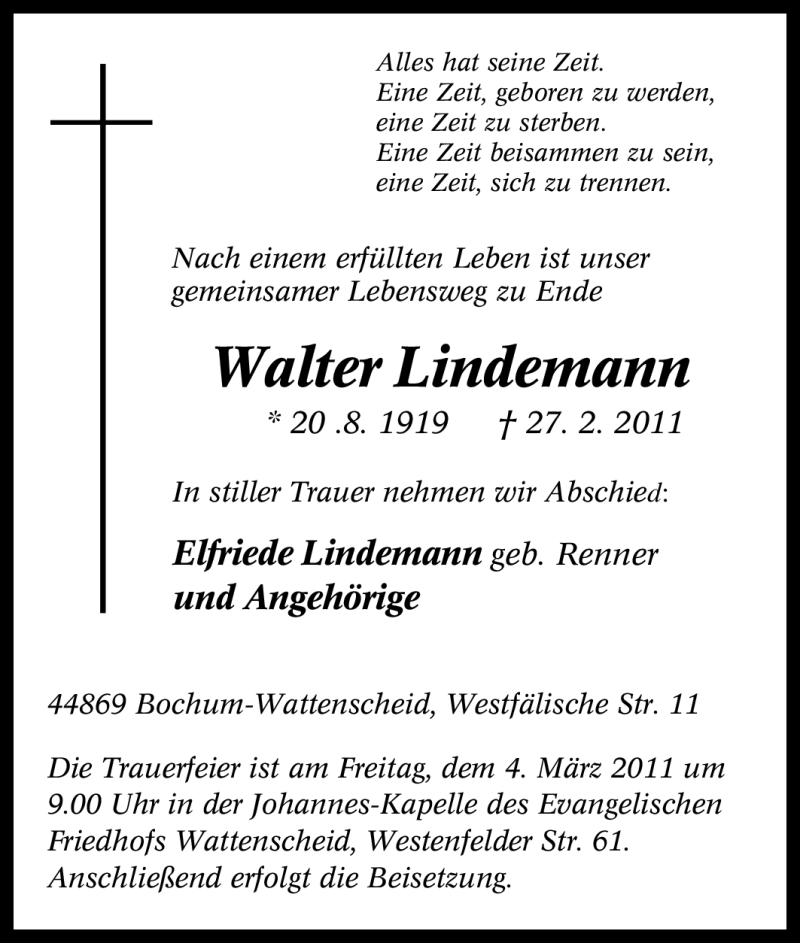  Traueranzeige für Walter Lindemann vom 01.03.2011 aus Tageszeitung