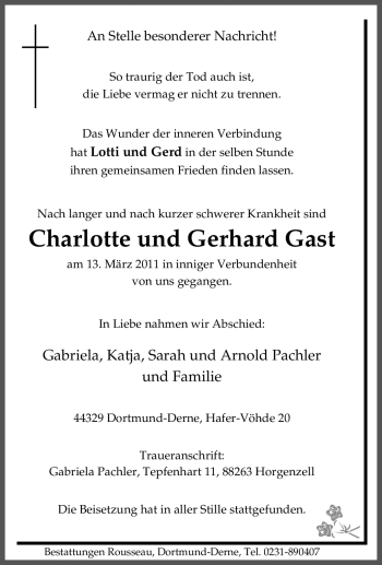 Traueranzeige von Charlotte Gast von Tageszeitung