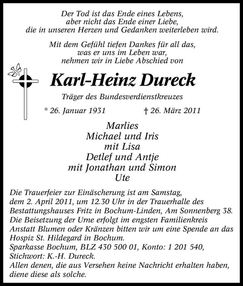  Traueranzeige für Karl-Heinz Dureck vom 30.03.2011 aus Tageszeitung
