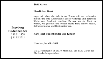 Traueranzeige von Ingeborg Büdenbender von Tageszeitung