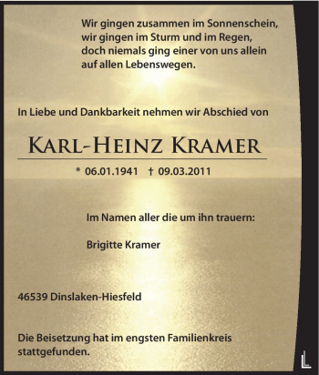 Traueranzeige von Karl-Heinz Kramer von Tageszeitung