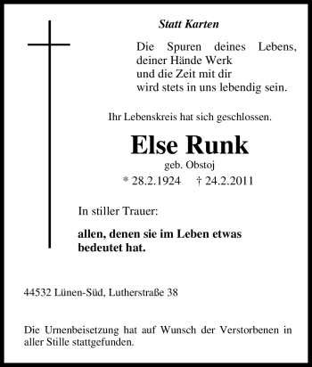 Traueranzeige von Else Runk von Tageszeitung