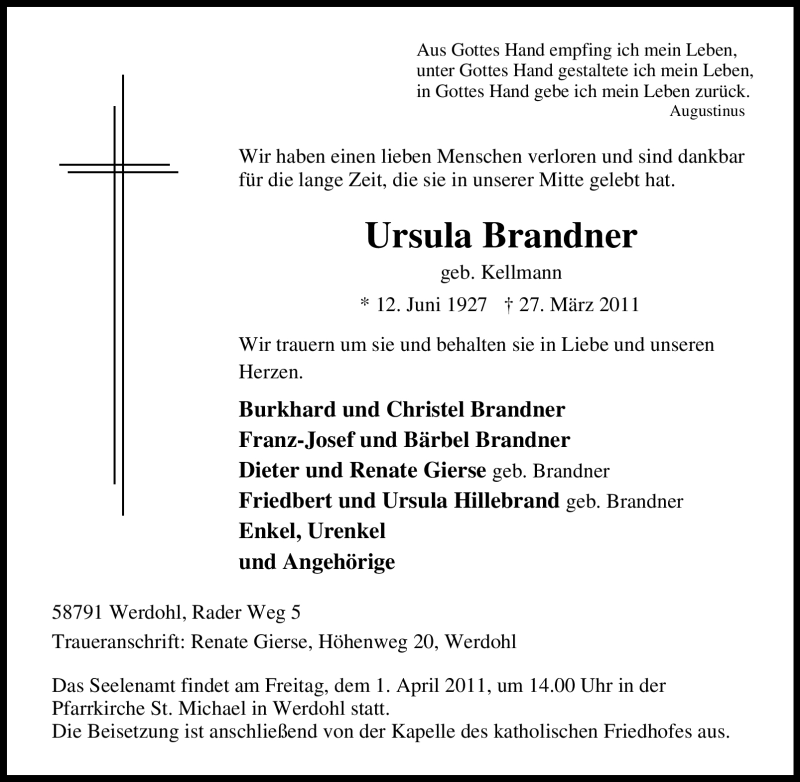  Traueranzeige für Ursula Brandner vom 30.03.2011 aus Tageszeitung
