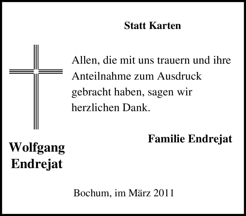  Traueranzeige für Wolfgang Endrejat vom 12.03.2011 aus Tageszeitung
