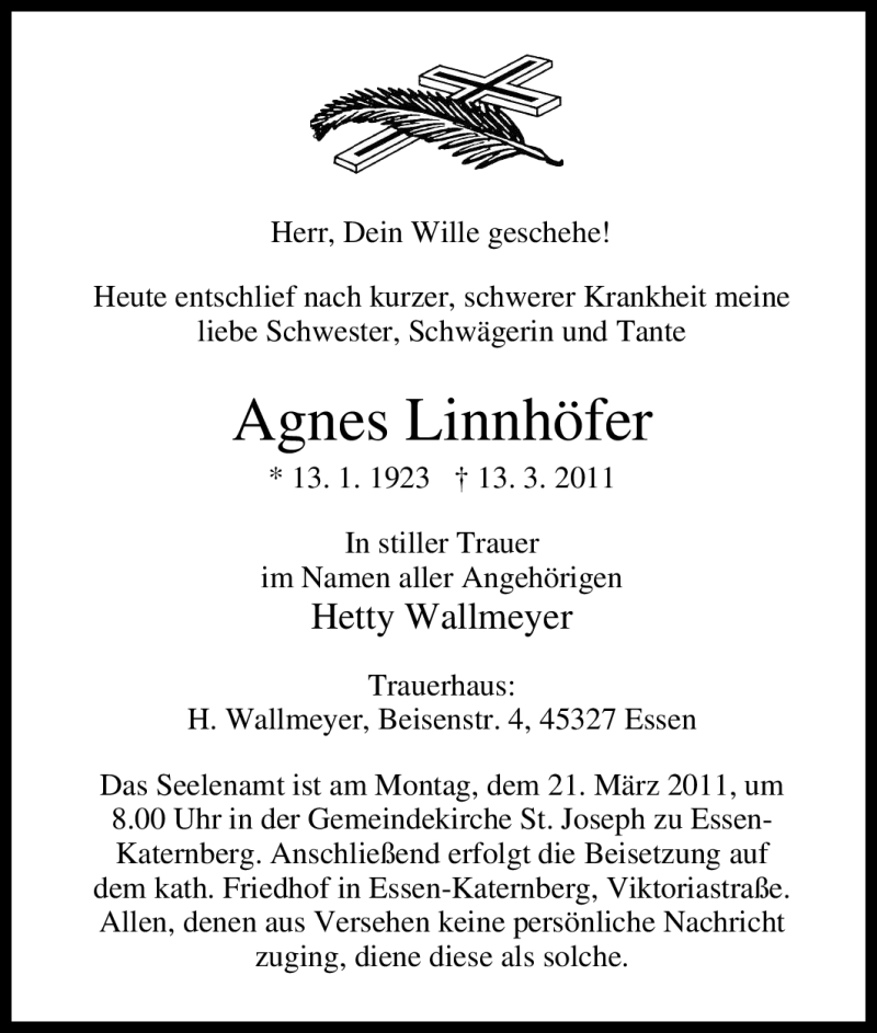  Traueranzeige für Agnes Linnhöfer vom 16.03.2011 aus Tageszeitung