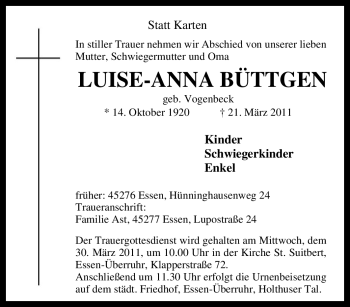 Traueranzeige von Luise-Anna Büttgen von Tageszeitung