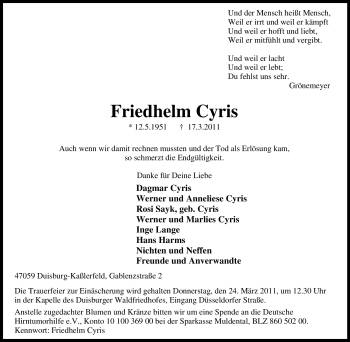 Traueranzeige von Friedhelm Cyris von Tageszeitung