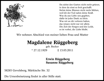 Traueranzeige von Magdalene Rüggeberg von Tageszeitung