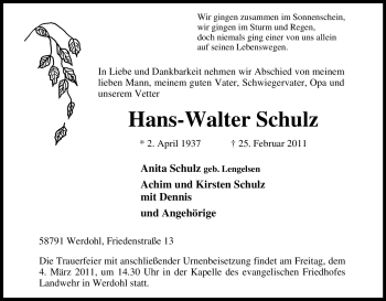 Traueranzeige von Hans-Walter Schulz von Tageszeitung
