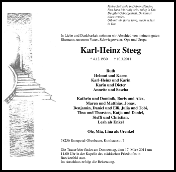Traueranzeige von Karl-Heinz Steeg von Tageszeitung
