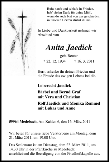 Traueranzeige von Anita Jaedick von Tageszeitung