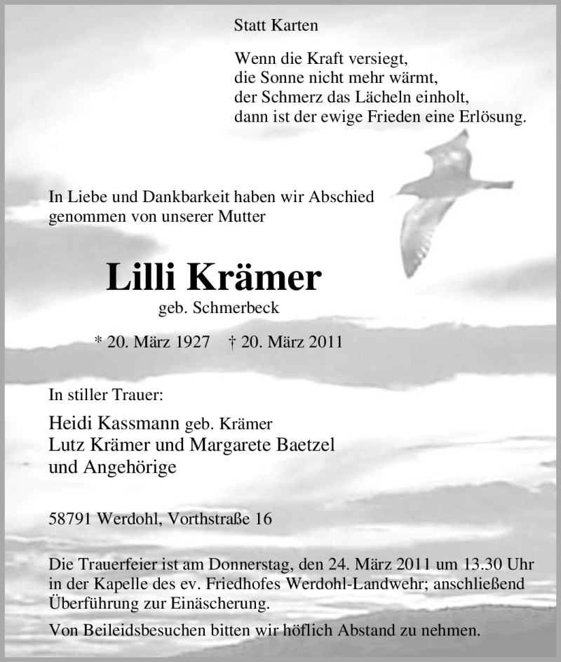  Traueranzeige für Lilli Krämer vom 23.03.2011 aus Tageszeitung