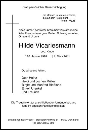Traueranzeige von Hilde Vicariesmann von Tageszeitung