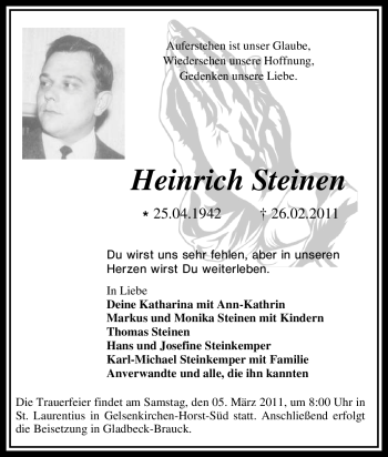 Traueranzeige von Heinrich Steinen von Tageszeitung