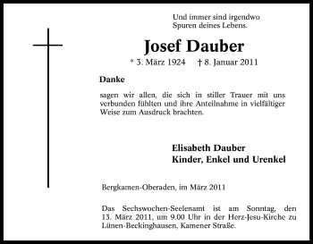 Traueranzeige von Josef Dauber von Tageszeitung