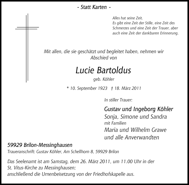 Traueranzeigen Von Lucie Bartoldus Trauer In Nrw De