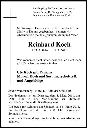 Traueranzeige von Reinhard Koch von Tageszeitung
