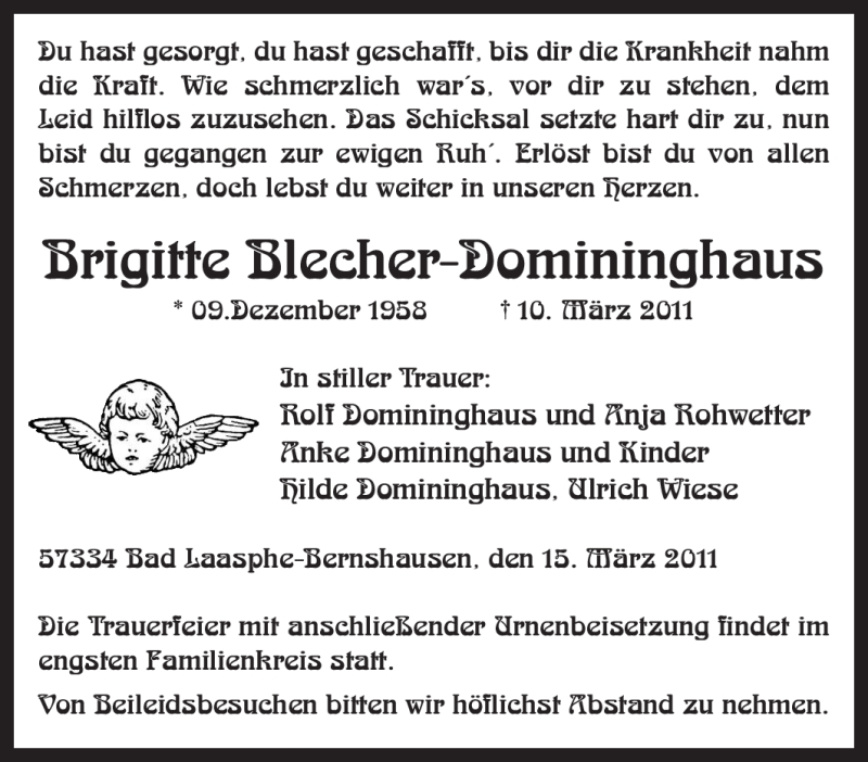  Traueranzeige für Brigitte Blecher-Domininghaus vom 15.03.2011 aus Tageszeitung