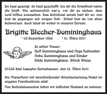Traueranzeige von Brigitte Blecher-Domininghaus von Tageszeitung