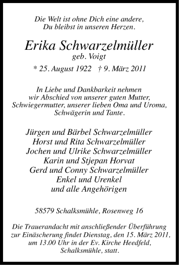 Traueranzeige von Erika Schwarzelmüller von Tageszeitung