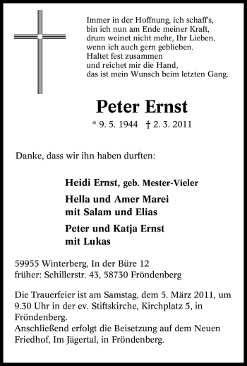 Traueranzeige von Peter Ernst von Tageszeitung