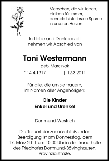 Traueranzeige von Toni Westermann von Tageszeitung