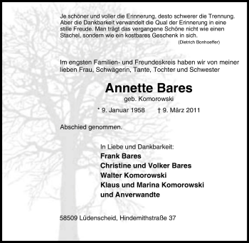 Traueranzeige von Annette Bares von Tageszeitung