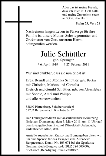 Traueranzeige von Julie Schüttler von Tageszeitung