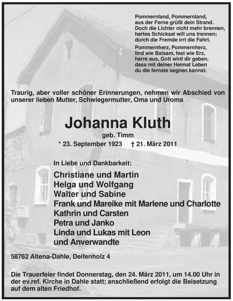  Traueranzeige für Johanna Kluth vom 22.03.2011 aus Tageszeitung