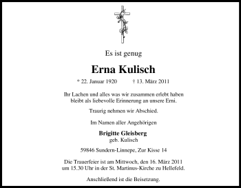 Traueranzeige von Erna Kulisch von Tageszeitung