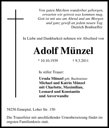 Traueranzeige von Adolf Münzel von Tageszeitung