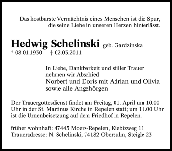 Traueranzeige von Hedwig Schelinski von Tageszeitung