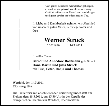 Traueranzeige von Werner Struck von Tageszeitung