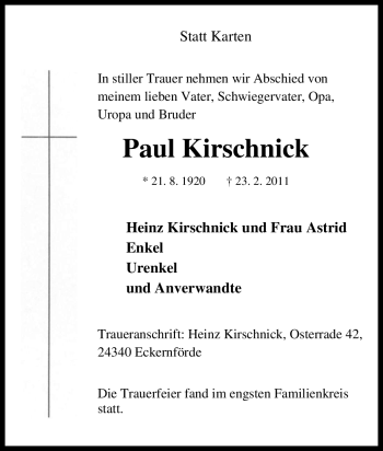 Traueranzeige von Paul Kirschnick von Tageszeitung