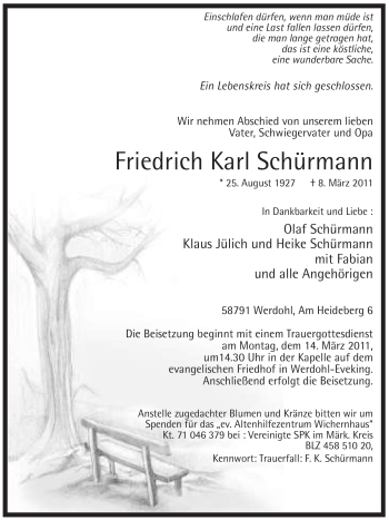 Traueranzeige von Friedrich Karl Schürmann von Tageszeitung