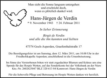 Traueranzeige von Hans-Jürgen de Verdin von Tageszeitung