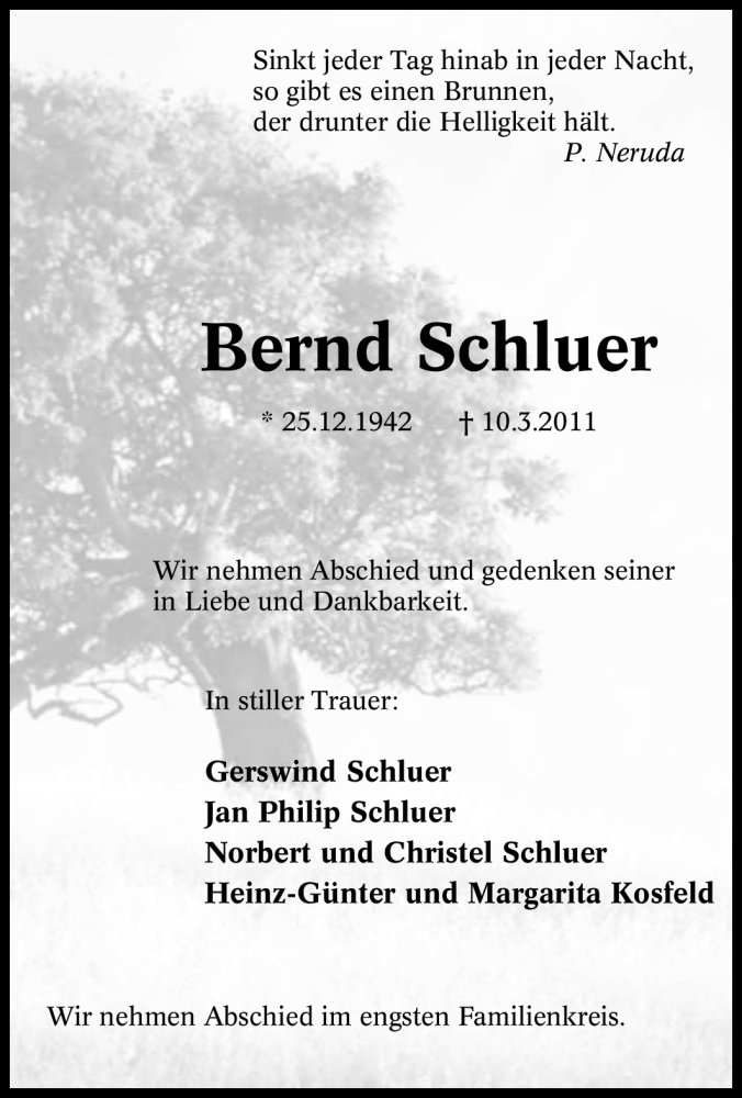  Traueranzeige für Bernd Schluer vom 14.03.2011 aus Tageszeitung