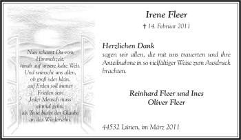 Traueranzeige von Irene Fleer von Tageszeitung