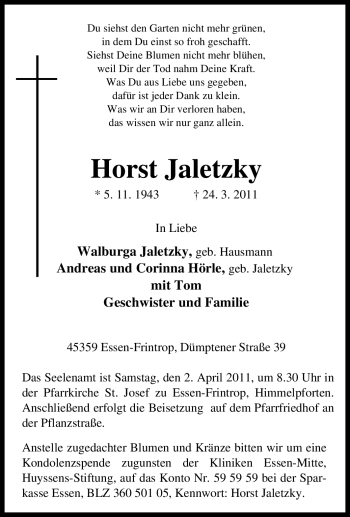 Traueranzeige von Horst Jaletzky von Tageszeitung