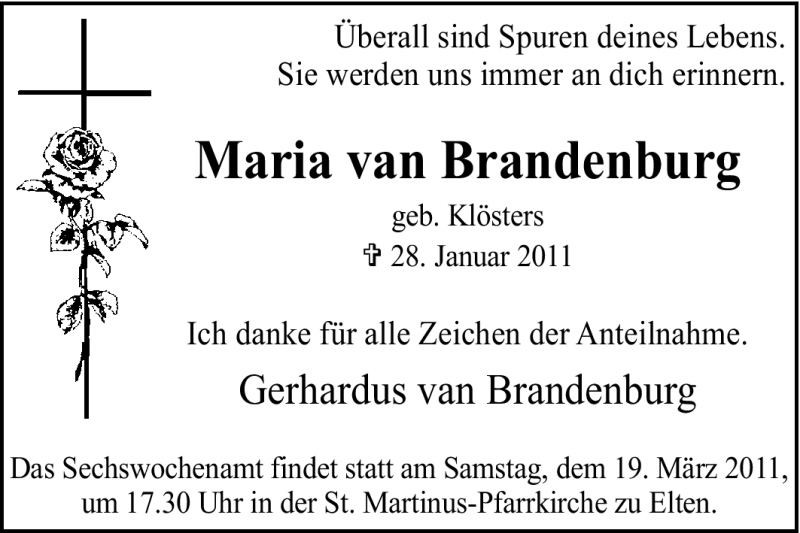  Traueranzeige für Maria van Brandenburg vom 16.03.2011 aus Tageszeitung