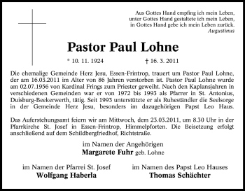 Traueranzeige von Paul Lohne von Tageszeitung