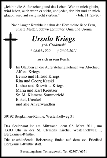 Traueranzeige von Ursula Kriegs von Tageszeitung