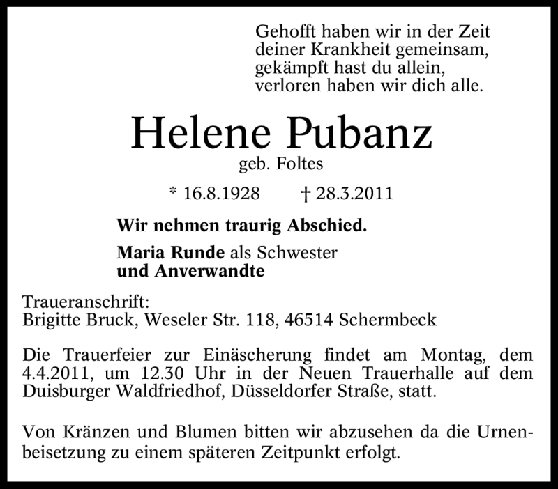 Traueranzeige für Helene Pubanz vom 31.03.2011 aus Tageszeitung