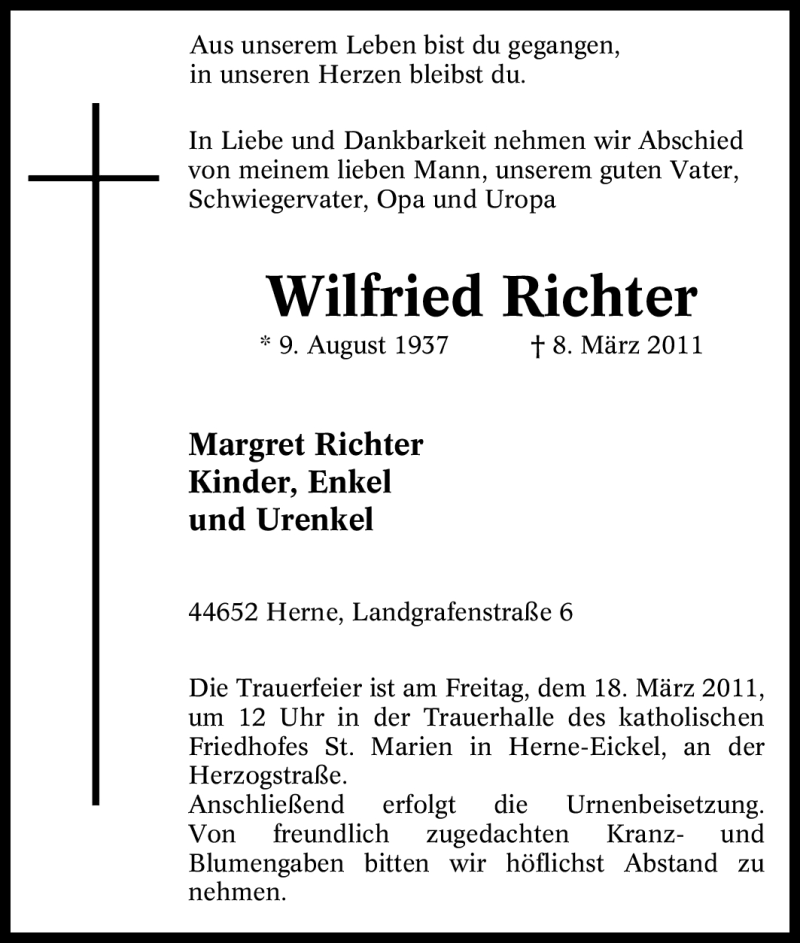 Traueranzeige für Wilfried Richter vom 14.03.2011 aus Tageszeitung