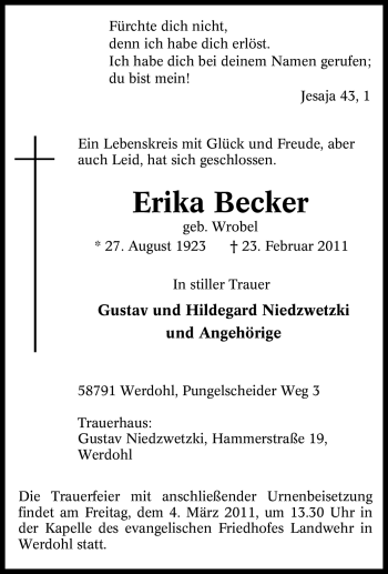 Traueranzeige von Erika Becker von Tageszeitung