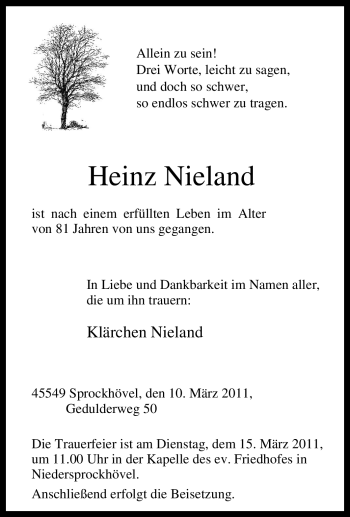 Traueranzeige von Heinz Nieland von Tageszeitung