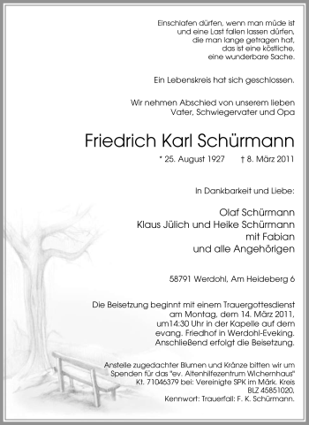 Traueranzeige von Friedrich Karl Schürmann von Tageszeitung